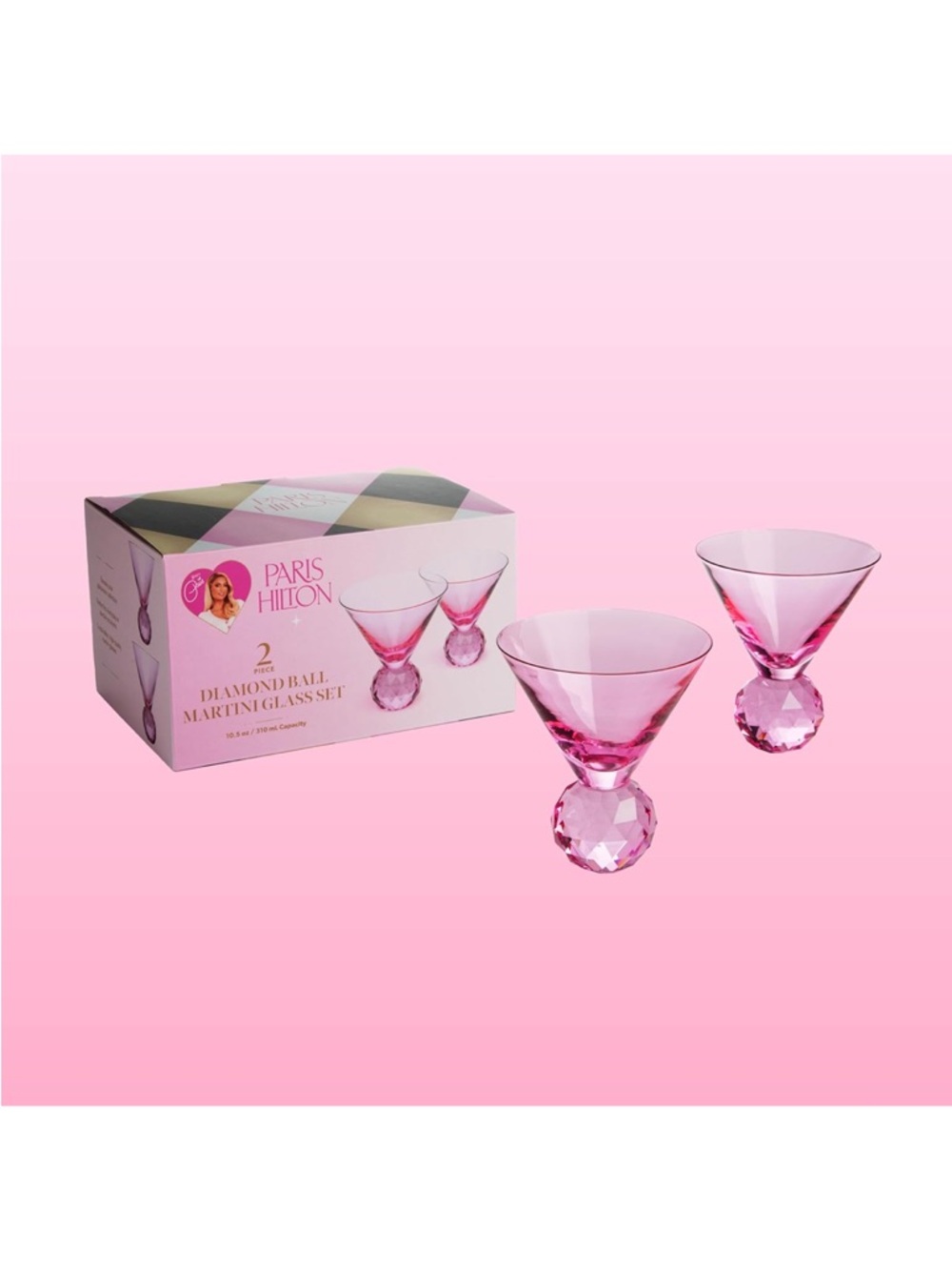 Paris Hilton Pink Faceted-Ball Base Martini Glasses - Set of 2 New in Box NIB - Picture 6 of 6